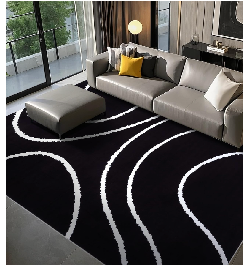 YIHOUSE Black Modern Area Rugs 8x10,Large Black and White Rugs for Living Room,Wave Washable Rug 8x10,Thin Abstract Geometric Rug,Minimalist Striped Rugs for Bedroom,Office