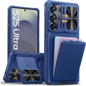 SSLOTSCASE for Samsung Galaxy S25 Ultra Case with Stand & Credit Card Holder & Sliding Camera Cover, Full-Body Drop Proof TPU Soft Silicone Edge Protective Case Cover for Galaxy S25 Ultra 6.9, Blue