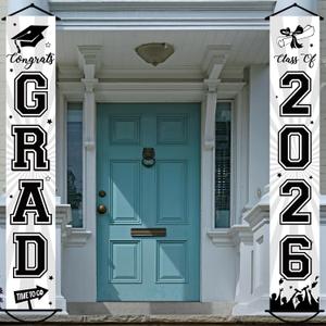Graduation Banner 2026 Graduation Decorations Black and White Grad Banner Porch Sign Class of 2026 Door Decor Congrats Hanging Backdrop Black White Grad Party Decor for School Congratulations Supplies