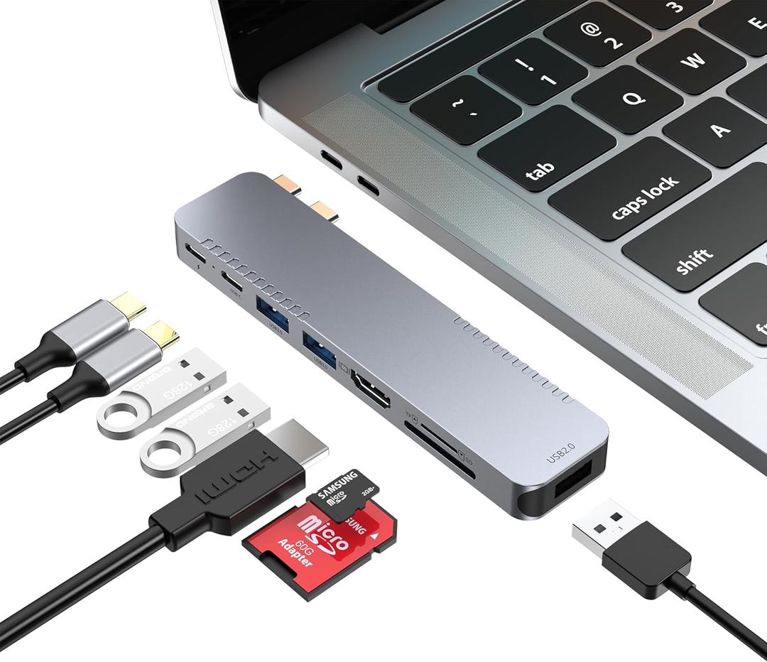 BHHB USB C Hub Adapter for MacBook Pro Air Docking Station 8-in-2 for Mac Book Accessories Dongle 4K@30Hz HDMI, Thunderbolt 4/3, USB 3.0, SD/TF, USBC Dock Multiport Adapter for Mac M5 M4 M3 M2 M1 (Silvery)