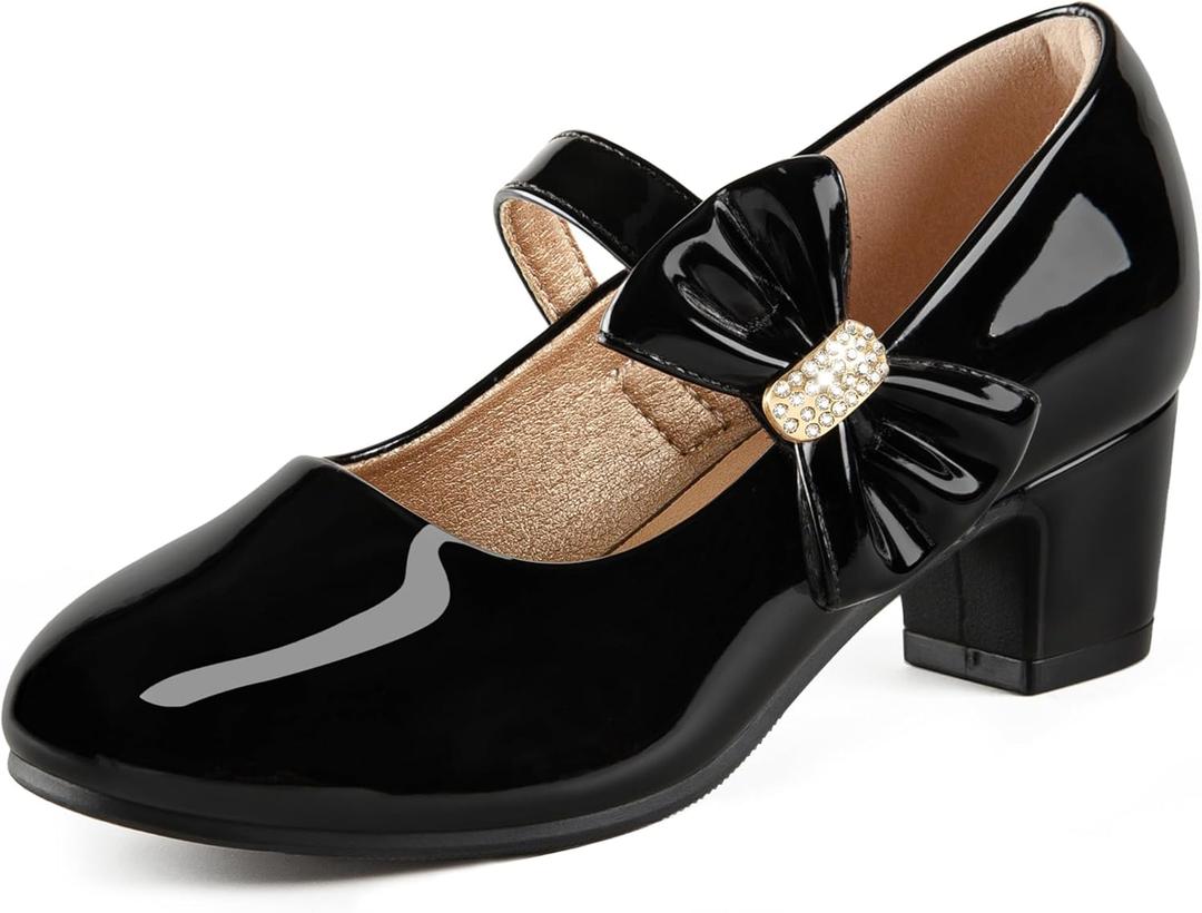 Girls Dress Shoes with Bow Mary Jane Princess Shoes Flower Girl High Heels for Toddler Little Big Kids Wedding Party Birthday (Paten Black)