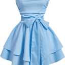 Milumia Women's Bow Front Frill Shirred Tube Dress Flared A Line Short Dresses (Medium, Blue)