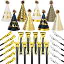 30 Pcs Birthday Party Hats - Gold Cone Hats Including 12 Paper Hats and 22 Noise Makers