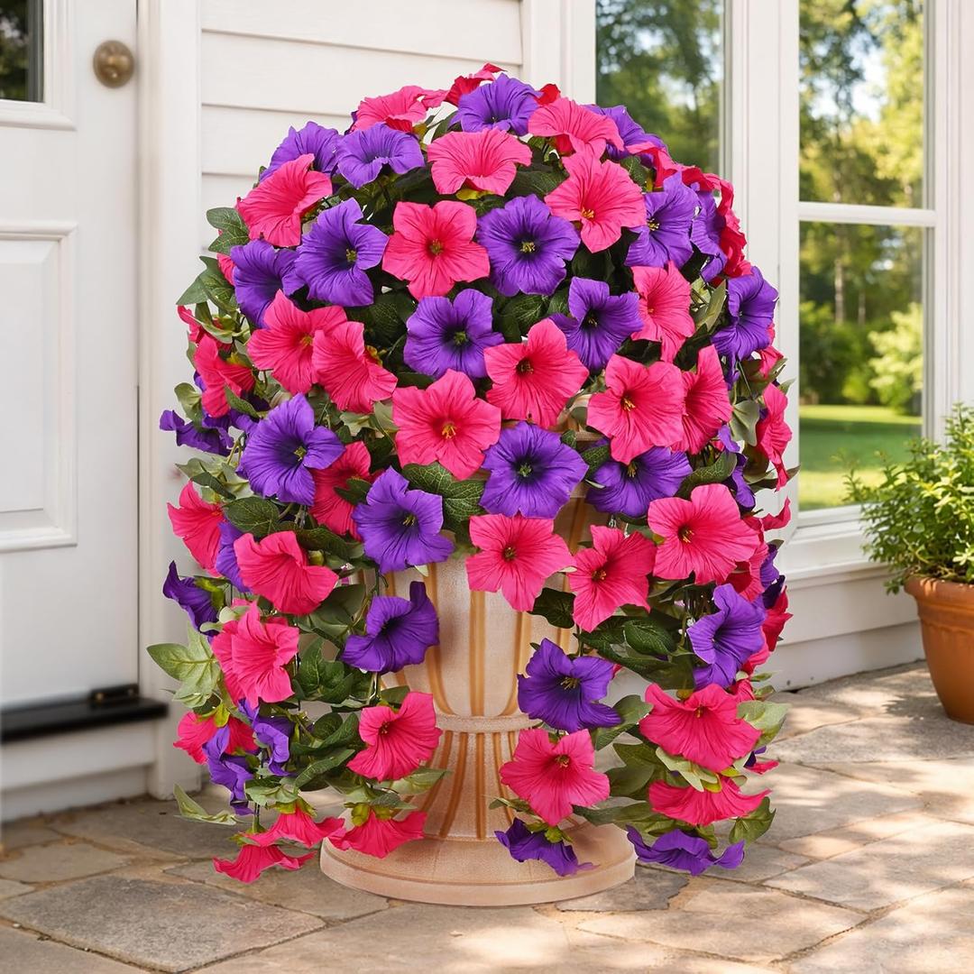 Yastouay Artificial Flowers for Outdoors, 2 Pack Artificial Petunias Fake Flowers, UV Resistant Realistic Hanging Flowers Plants for Outside Porch Patio Garden Spring Summer Decor(Fuchsia Purple)