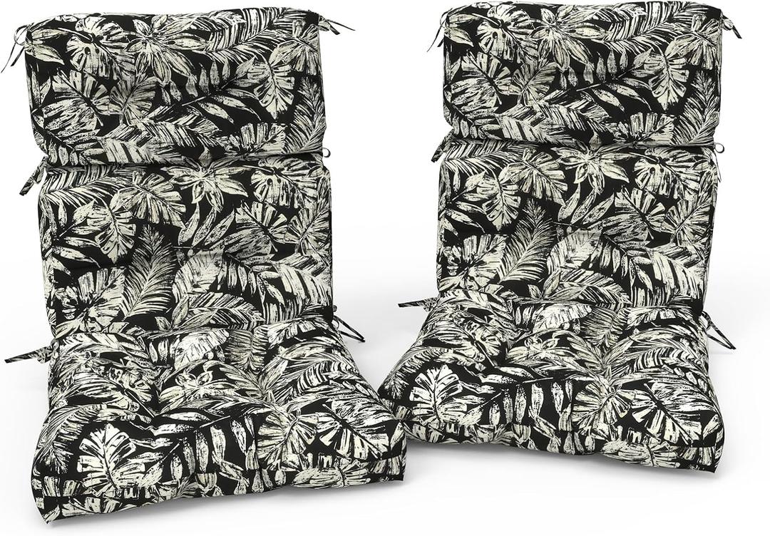 Outdoor High Back Patio Chair Cushions, Fade Resistant & Waterproof Tufted Seat and Back Cushions for Patio Furniture, Patio Chair Cushions 44x22 Inch, Set of 2, Tropical Leaf Black, 44"x22"x4"