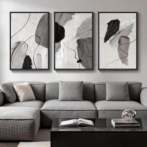 Large Framed Modern Abstract Wall Art for Living Room, 3 Piece Black White Gray Canvas Prints Paintings Artwork for Walls, Minimalist Abstract Pictures for Hallway, Stair, Office Wall Decor 24x36 In (Shades of Grey)
