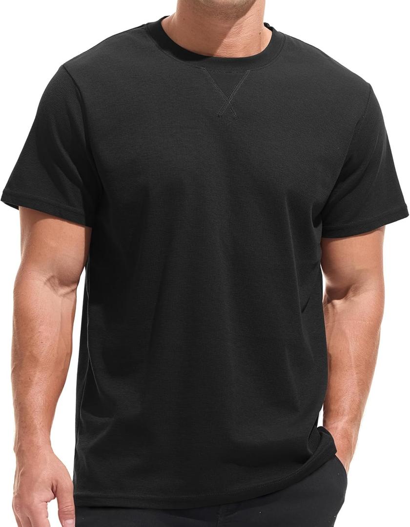 VEIISAR Men's Mini Waffle Knit Crew Neck T-Shirt - 190gsm Ultra-Fine Textured Cotton Tee - 1mm Micro Grid Breathable Top (Black, Large)