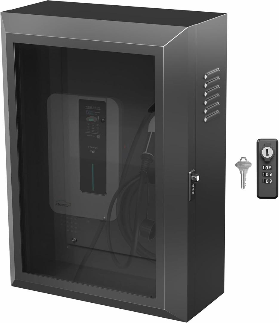 VIVO Wall-Mounted EV Charger Protective Box with Digital Safety Lock and Keypad, Tempered Glass Front Panel, Heavy Duty Outdoor Charging Case, Black, Mount-EVCG1