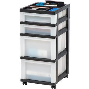 IRIS USA Plastic Drawer Storage Organizer Rolling Cart, with Wheels Casters, 4-Drawers, for Classroom Art Craft Supplies Dresser Closet Bathroom Bedroom, Top Organizer for Small Parts, Black/Pearl