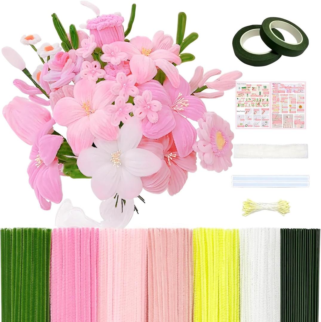 601PCS Complete Pink Pipe Cleaners Flower KitPastel Pipe Cleaners for Flowers, DIY Craft Supplies for Projects, 6 Colors, with Floral Wires, Tape, Glue Sticks, Ribbon, Stamen, Manual & Video Tutorial