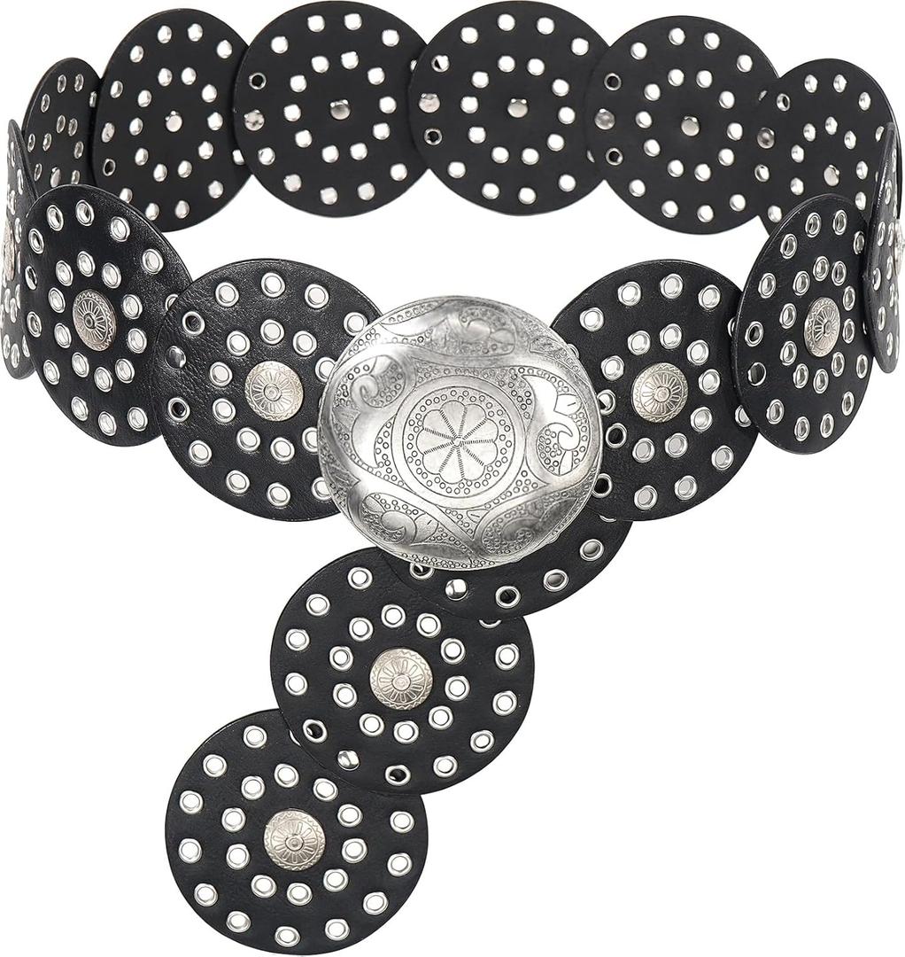 Wide Disc Belt for Women Vintage Hollow Boho Leather Belt Western Chunky Waist Belt Cowboy Metal Buckle Concho Belts (L: 135cm/53.1in, Silver Black)