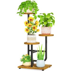 LASZOLA Plant Stand Shelf Tall for Indoor Corner, 3 Tier Wood Brown | Modern Multiple Flower Display Rack with Wooden Tray, Metal Vertical Planter Holder for Living Room Bedroom Patio Garden
