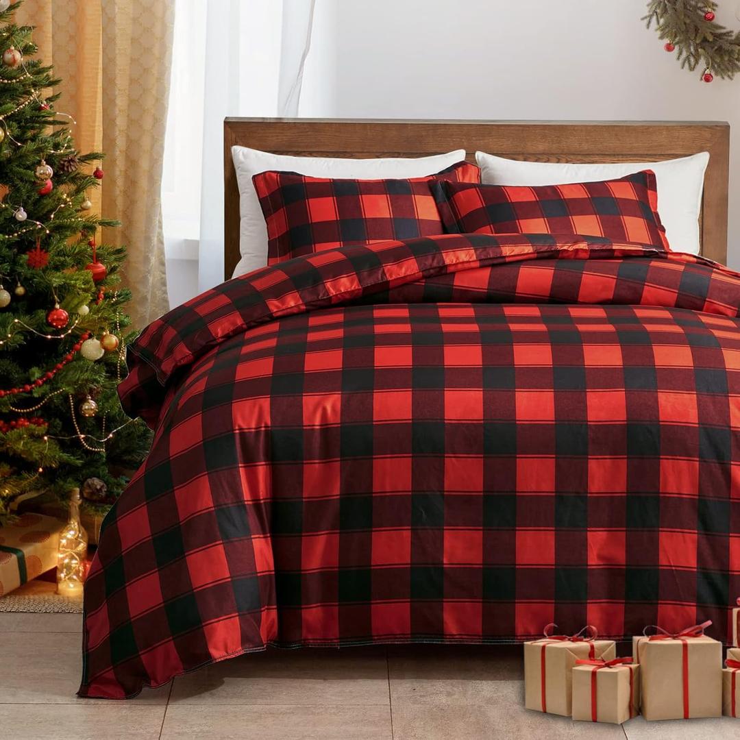 UOZZI BEDDING Duvet Cover Set 3 Pieces Christmas Red and Black Plaid Queen Size - 800 TC with Zipper Closure, 4 Corner Ties - Holiday Design for New Year (Queen (1 duvet cover +2 pillow shams))