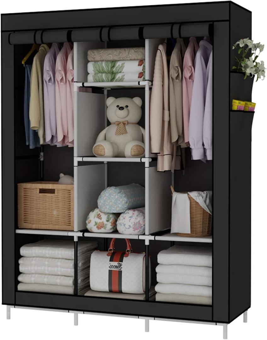 UDEAR Portable Wardrobe Closet Clothes Organizer Non-Woven Fabric Cover with 6 Storage Shelves, 2 Hanging Sections and 4 Side PocketsBlack