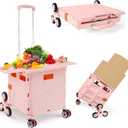 Foldable Utility Cart with Stair Climbing Wheels,Collapsible Rolling Crate with Magnetic Lid Telescopic Cover,Telescoping Handle,360 Rotate Wheel Hand Cart for Teacher Shopping Moving Grocery(Pink)