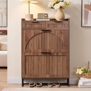 Fluted Shoe Cabinet Storage for Entryway  Narrow Shoe Rack with 2 Flip Drawers & 2 Storage Drawers, Freestanding Hidden Shoe Organizer for Foyer, Hallway (Walnut)