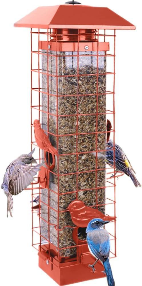 Squirrel Proof Bird Feeders for Outdoors, Metal Wild Bird Feeder for Outside Hanging, 4 Ports Perches, 3LB Large Capacity (Tangerine) 