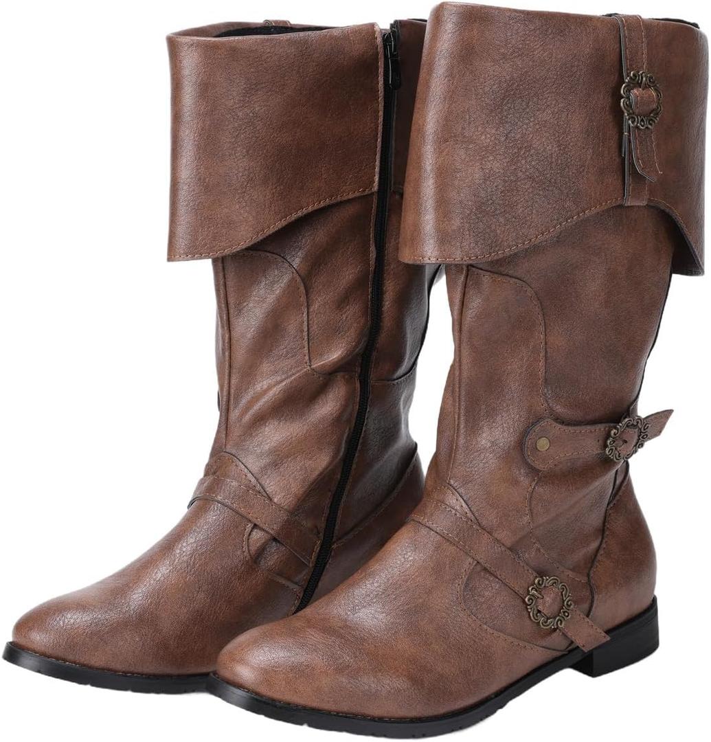 Mens Medieval Pirate Boots, Viking Renaissance Costume Footwear, Gothic Steampunk Cosplay Shoes, Retro Brown Tall Boots for Halloween Party Festival, Size 46