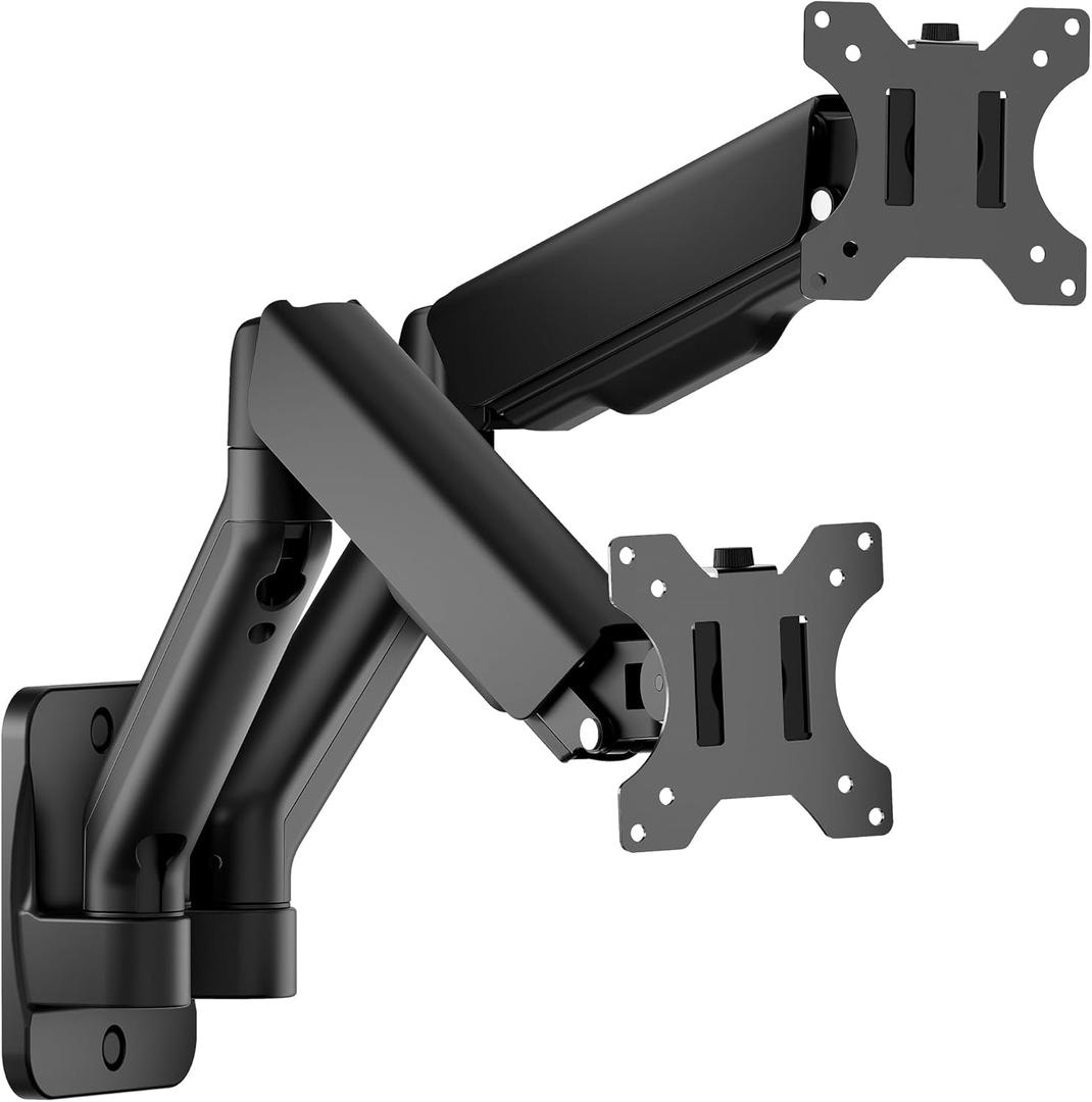 monTEK Dual Monitor Wall Mount for 17 to 32 inch Flat/Curved Screens, Each Holds to 19.8 lbs, Full Motion Adjustable Mechanical Spring Monitor Arm, 75x75/100x100 VESA Wall Mount, Black