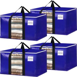 BlissTotes 4 Pack Moving Bags with Clear Window, Storage Bags with Strong Carrying Handles & Zippers,Large Packing Bags for Saving Space, Alternative to Moving Boxes(Blue,33 Gallon) (125L)