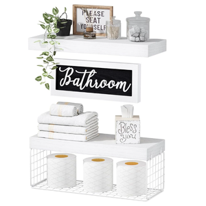 QEEIG ‎Bathroom Shelves Over Toilet  Paper Storage Wall Mounted Farmhouse Decor Decorations Aesthetic Décor Sign Small Floating Shelf 2+1 Set 16 inch, White (020WW)