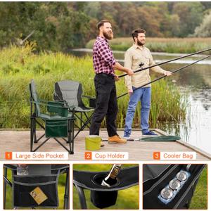 2 Pack Padded Oversized Camping Chairs for Adults,Heavy Duty Support 400 Lbs,Folding Portable Lawn Chair w/Cup Holder,Cooler Bag,Side Pocket,Perfect for Outdoor Picnic,Hiking(Black&Green)
