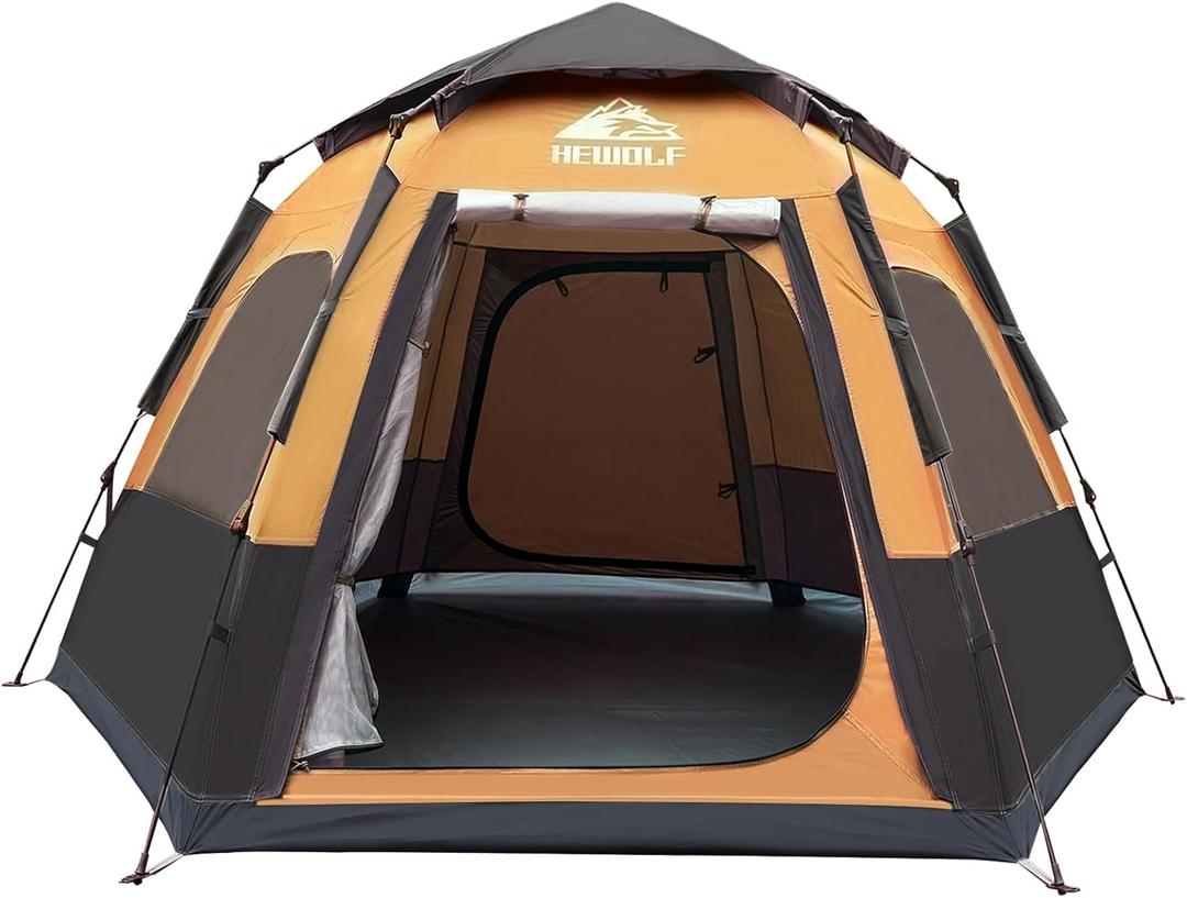 Hewolf 2-4 Person Camping Tent - Instant Pop Up Waterproof 2 Doors Tent with Easy Setup | 3-Season Hexagonal Dome Design for Family, Hiking & Traveling