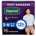 Depend Night Defense Adult Diapers, Incontinence Underwear for Men, Disposable, Overnight, Small/Medium, Grey, 16 Count