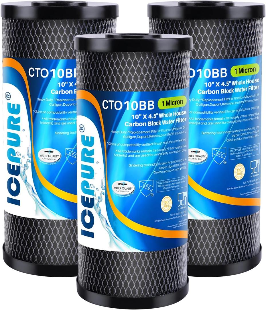 ICEPURE 10"X4.5",1 Microns Whole House Sediment Activated Carbon Water Filter Compatible with Dupont WFHDC8001,EP Series,EPM Series,CB-BB-10, GE FXHTC, GXWH40L, GXWH35F, GNWH38S, CTO10BB,3PACK