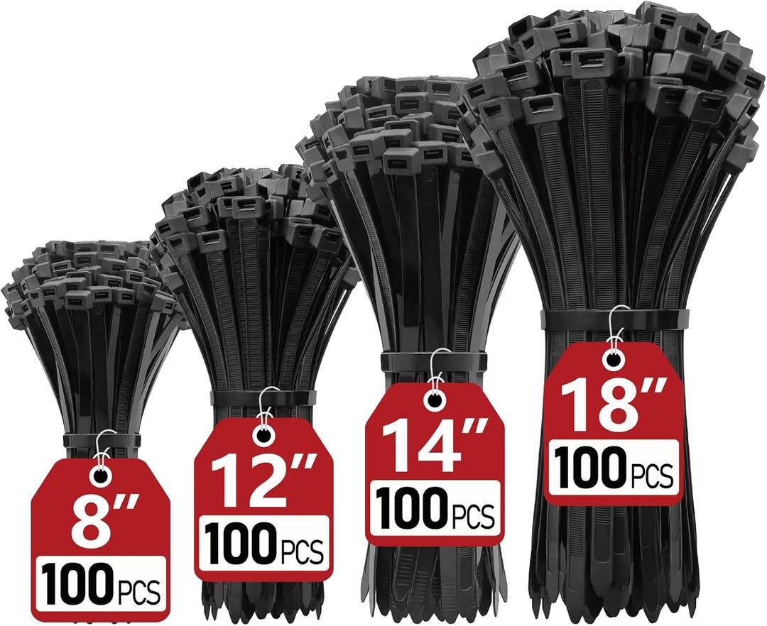 Zip Ties Assorted Sizes(8", 12", 14", 18")- 400 Pack, Zip Ties Heavy Duty with 120 lb Tensile Strength, Black Cable Ties, Wire ties, Paloka