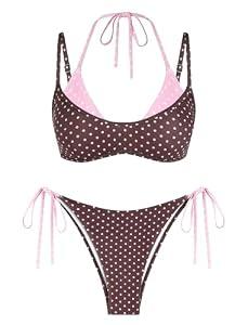 ZAFUL Women's Polka Dot Bikini Set Double Layer Halter Swimsuit Colorblock Side Tie 2 Piece Bathing Suit 0-Brown Polka dots, XL