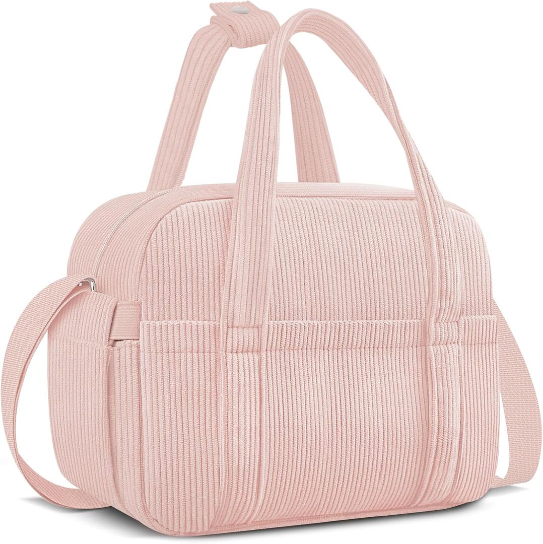Lunch Box Lunch Bag for Women Adults Men, Cute Insulated Reusable Lunchbox Leakproof Simple Lunch Boxes Soft Corduroy Lunch Tote Bag Large Cooler Bag Containers, with Shoulder Strap (Pink)