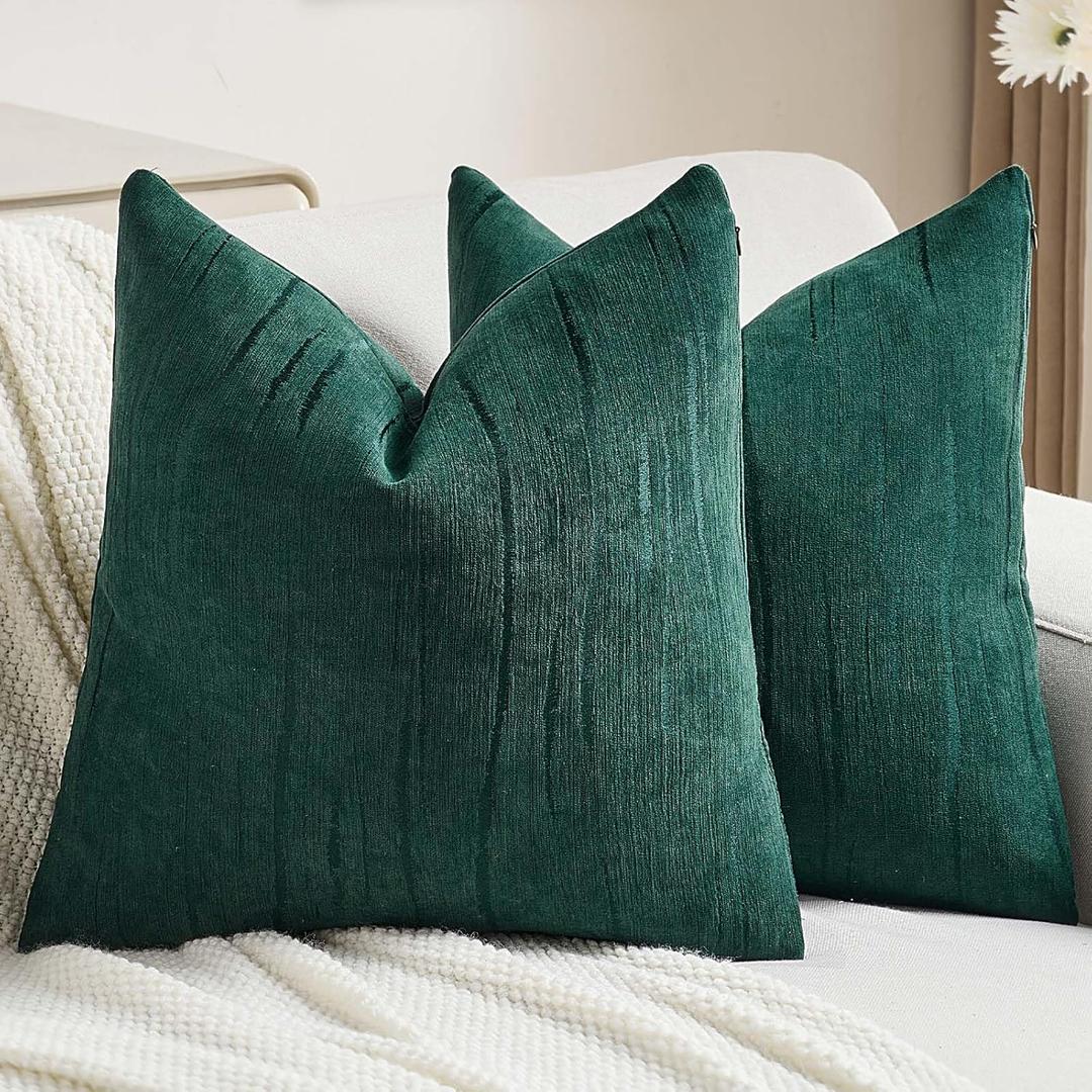 FUTEI Pack of 2 Chenille Decorative Throw Pillow Covers 18x18 Inch,Soft Embossed Striped Textured Cushion Case,Modern Home Decor for Couch Bed Living Room,Dark Green