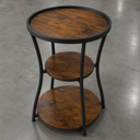 Round Side Table with Charging Station, Small Drink Table for Small Spaces, 3-Tier Industrial End Table, Accent Nightstand Bedside Table for Living Room, Bedroom, Sofa Couch, Rustic Brown