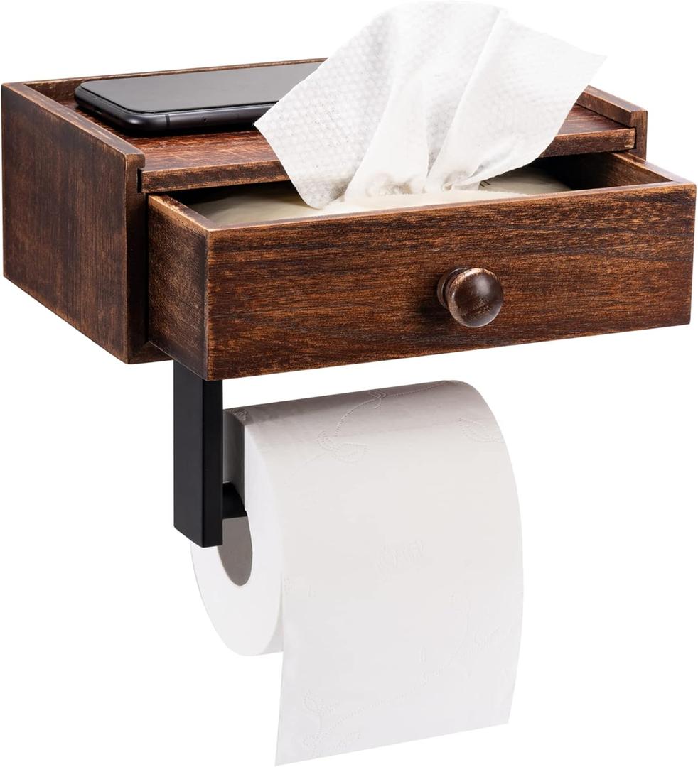 Toilet Paper Holder with Storage, Rustic Farmhouse Toilet Paper Holder with Shelf Wall Mount, Keep Wipes Hidden Out of Sight (Brown)