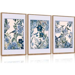 Aurlan Vintage Blue Birds and Botanical Framed Wall Art(16"x24"), 3PCS Classic Chinoiserie Audubon Bird Canvas Artwork, Large Abstract Watercolor Flowers Floral Home Decor for Bedroom Living Room (16"x24",3 Pcs, Blue Birds on Botanical)