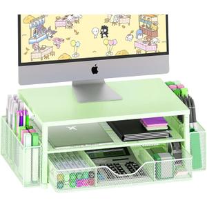 OPNICE Desk Organizers and Accessories, 2-Tier Computer Monitor Stand Riser with Drawer and 2 Pen Holders, Laptop Stand, Office Desk Accessories for Office Supplies, Green (Green 1-Pack)