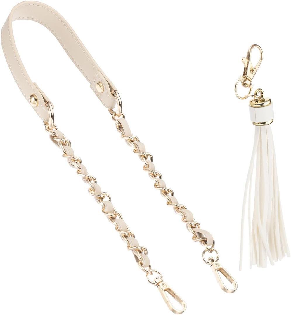 PATIKIL Purse Chain Strap, 24 Inch Leather Chain Straps Purse Strap Replacement Flat Chain Strap with Tassel for Shoulder Crossbody Bag Handbag Woman, Khaki/Gold