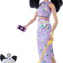 Barbie Twinning Looks Doll with Pet Dog in Matching Purple Daisy Clothes and Accessories for Both Like Flowers and Belt Bags, Black Hair