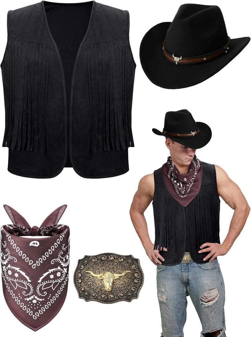 Toulite 4 Pcs Western Outfits for Men Cowboy Tassel Vest Hat Belt Buckle Paisley Bandana for Halloween Cosplay (Medium, Black,black,coffee)