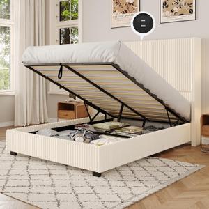UNIQUITE Queen Size Lift Up Storage Bed Frame with 51 Inch Tall Wingback Headboard, Corduroy Upholstered Platform Bed with Hydraulic Storage, 2 USB Ports, No Box Spring Needed, Noise-Free, Beige