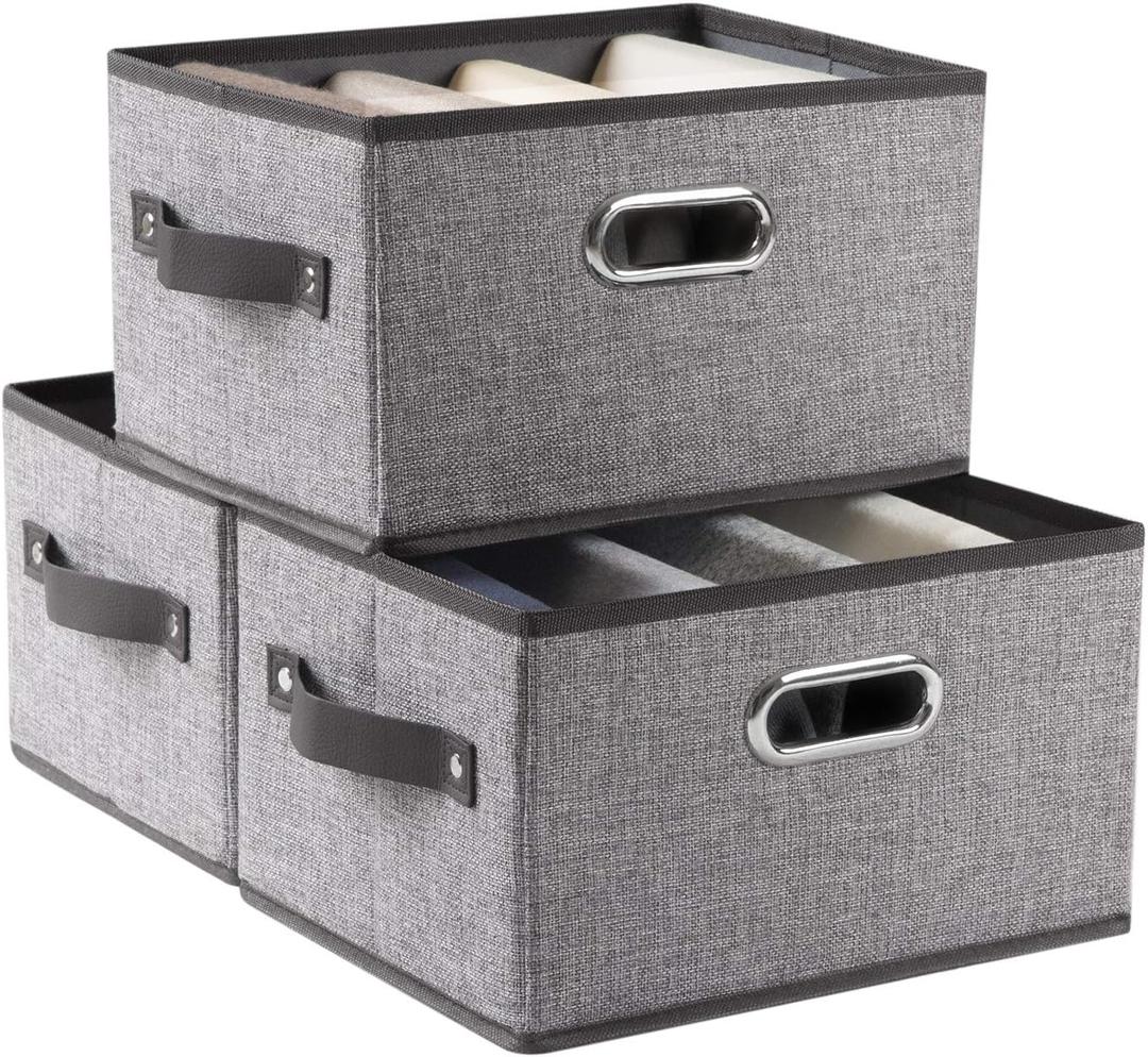 PRANDOM Fodable Storage Bins for Closet [3-Pack] Decorative Fabric Storage Baskets Cubes with Leather/Metal Handles for Shelves Bedroom Living Room Grey (11.5x8.5x6.7 Inch) (Grey&black Trim)