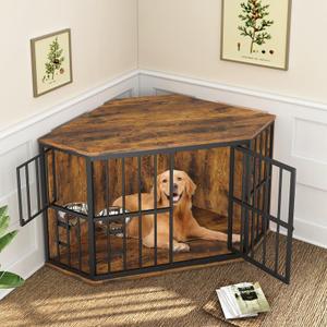 ROOMTEC 53 inch Furniture Dog Crate Corner, Dog Kennel Corner Wooden End Table with Bowl, Indoor Pet Crates Corner Side Table for Dogs, Wide Top Perfect for Limited Room (52.7"x27.5"x29.4")