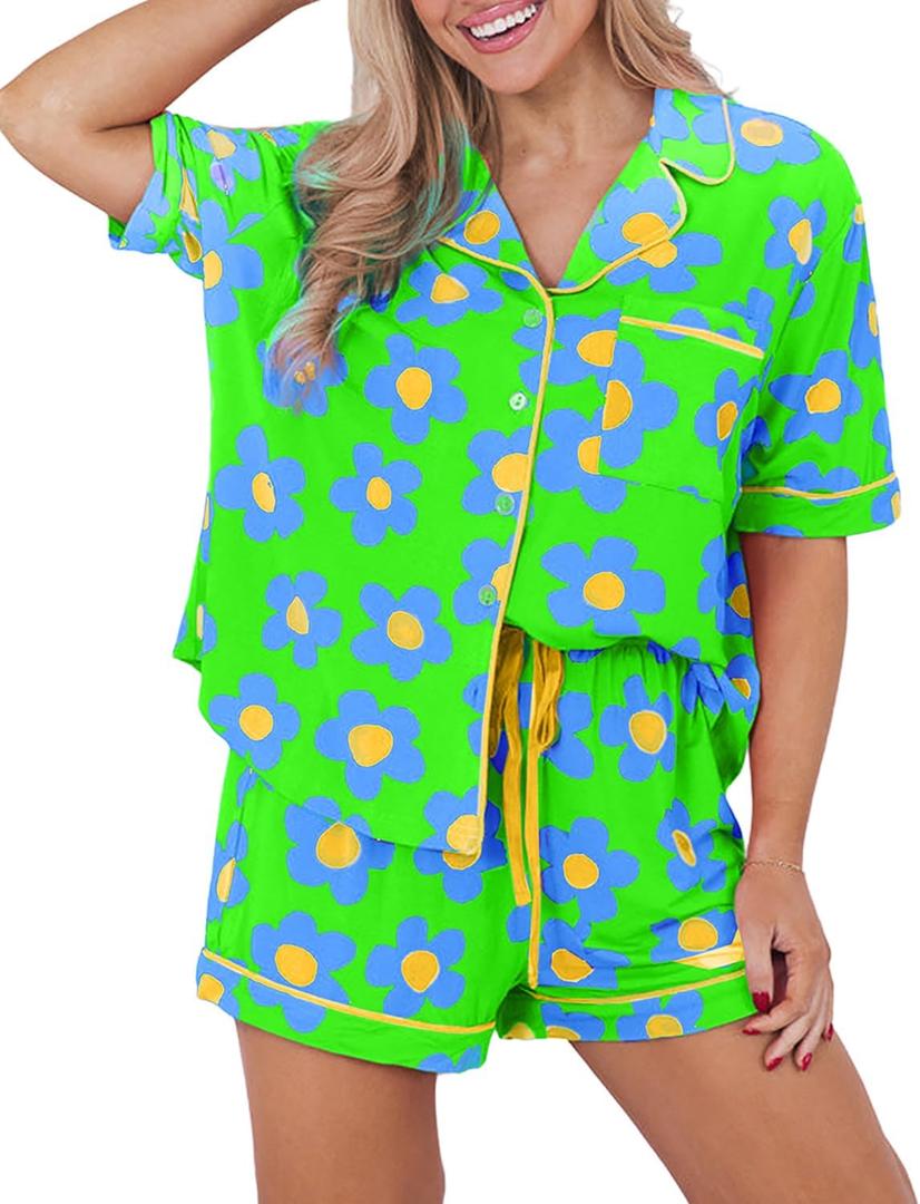 KevaMolly Womens Pajama Sets Flower Print Buttoned Drawstring Waist Lounge Set Short Sleeve Top and Shorts (M)