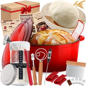 Enameled Cast Iron Dutch Oven Pot with Lid, Incl. Sourdough Bread Baking Supplies Like Banneton Bread Proofing Basket, Starter Jar, Bread Lame, 5QT Dutch Oven for Bread Baking, Oven Safe up to 500F (RED)