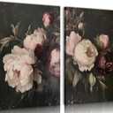 2pcs Vintage Peonies Flower Canvas Wall Art Classical Dark Pink Peonies Pictures Wall Decor Retro Moody Floral Botanical Still Life Posters Prints for Living Room Bedroom Room Home Decoration (16x24in)