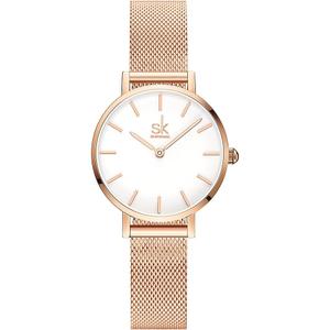 SHENGKE SK Ultra Thin Minialist Women Watches Simple Two Hands Ladies Dress Watch Leather Strap (Rosegold-Mesh)