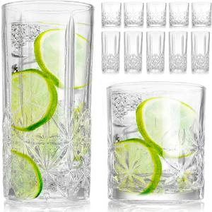 LemonRoad 12 Pcs Crystal Glass Cups Mixed Glassware Set 6 Pack 15oz Crystal Old Fashioned Highballs 6 Pack 12oz Whiskey Glasses for Cocktail Whisky Beer Soda Tea Beverages Dishwasher Safe (Star)