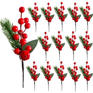 15 Pcs Artificial Red Berries Pine Stems 8 Inch,Christmas Floral Picks Holly Berry Branches Crafts for Xmas Winter Holiday Decor Greenery
