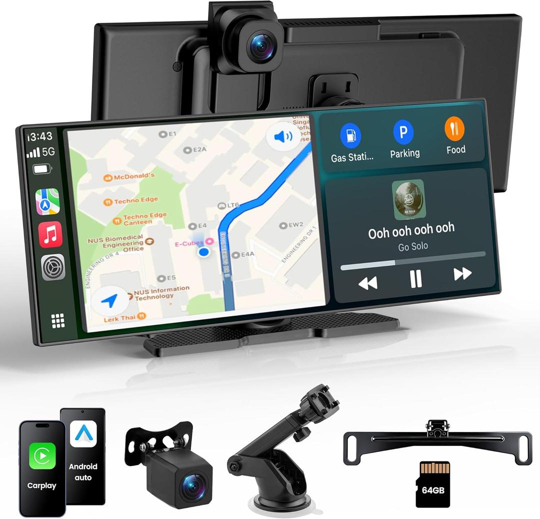 11.5" Portable Carplay Screen for Car,Wireless Car Play Screen with Carplay,Android Auto,60FPS,4K Dash Cam + 1080P Backup Cam (with a Camera Bracket),Voice Control,GPS Navigation
